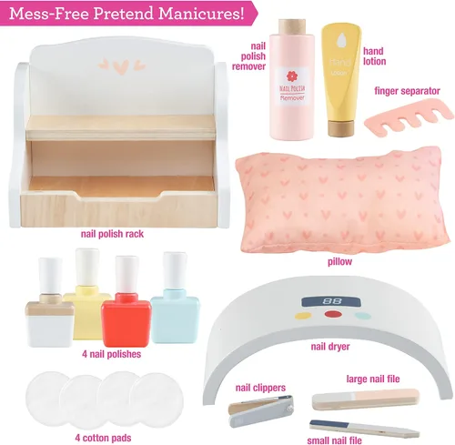 Miniatura 2 de Juego de madera para salón de uñas de simulación, juego completo Glam & Glow incluye esmaltes de uñas, organizador de belleza, lima, silla secadora