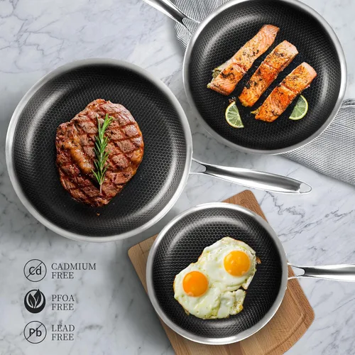 Miniatura 7 de Innerwell - Sartén de 12 pulgadas de acero inoxidable de tres capas con tapa, sartén grande antiadherente con revestimiento de nido de abeja