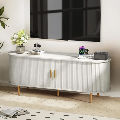 Miniatura 20 de DHH Soporte de TV moderno de mediados de siglo de 55 pulgadas con toma de corriente para televisores de hasta 60 pulgadas, centro de entretenimiento