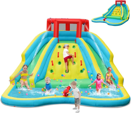 Miniatura 15 de HONEY JOY Tobogán acuático inflable con soplador de 680 W, tobogán largo doble gigante/casa de rebote/pared de escalada/carrera de obstáculos, cañón