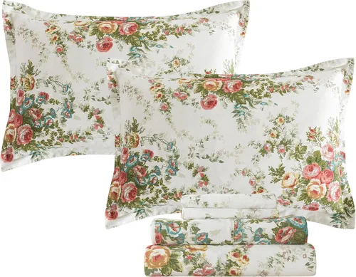 Miniatura 37 de FADFAY Juego de sábanas tamaño King, 100% algodón, elegante ropa de cama de granja con hojas verdes menta y flores blancas, sábana suave