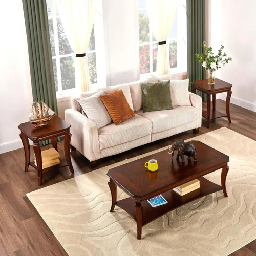 Miniatura 3 de Mesa auxiliar tradicional con estante de almacenamiento y patas talladas, mesas de sala de estar de granja, mesa central rectangular de madera