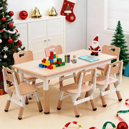 Miniatura 10 de Moderno juego de mesa y 6 sillas para niños, mesa ajustable en altura de 47.20" para niños pequeños y conjunto de 6 sillas con patas de escritorio
