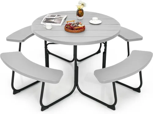 Miniatura 13 de Tangkula Mesa de picnic para 8 personas, mesa de picnic cuadrada al aire libre con 4 bancos integrados, agujero para paraguas, marco de metal y mesa