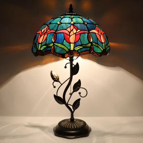 Miniatura 9 de Tiffany Table Lamp, Pink Stained Glass Desk Light, W12H19 Inch, Metal Leaf Base (Pink Baroque Style)