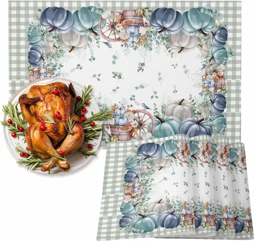 Miniatura 101 de Juego de 4 manteles individuales Boho de otoño, calabazas de acuarela para Acción de Gracias, resistentes al calor, lavables, para mesa, manteles