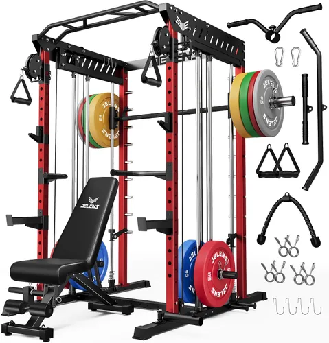 Miniatura 12 de JELENS M21 - Máquina Smith, jaula de potencia multifunción con sistema de cruce de cable de polea doble, banco de sentadillas todo en uno de 907 kg