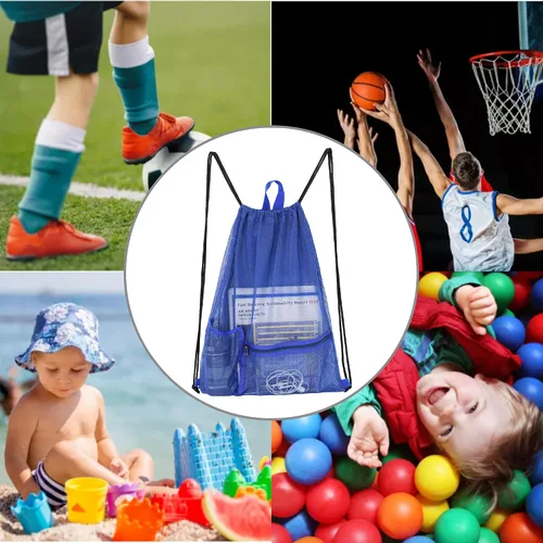 Miniatura 6 de Bolsa de malla con cordón resistente, mochila de gimnasio con soporte para botellas para bolas, natación, juguetes de playa, Azul, Deportes