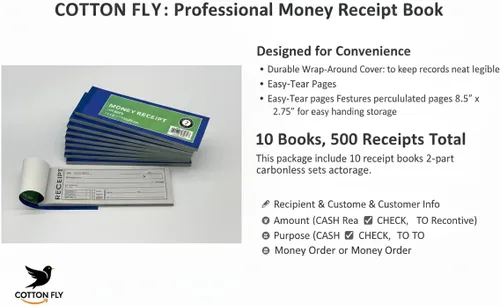 Miniatura 4 de Paquete de 10 libros de recibos de dinero y alquiler pre-numerados, libro de facturas de efectivo duplicado sin carbono de 2 partes, 50 juegos por