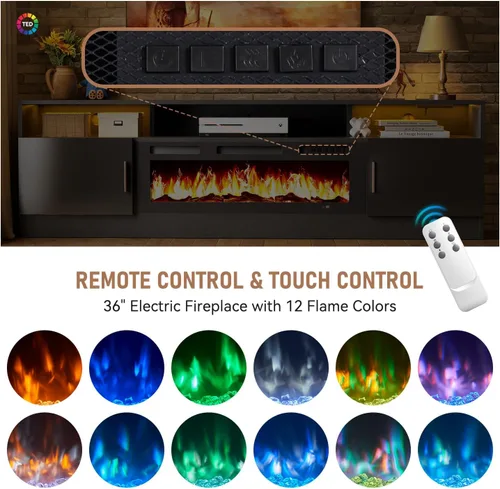 Miniatura 7 de MXV - Soporte de TV con chimenea de 70 pulgadas con toma de corriente para televisores de hasta 80 pulgadas, centro de entretenimiento con chimenea
