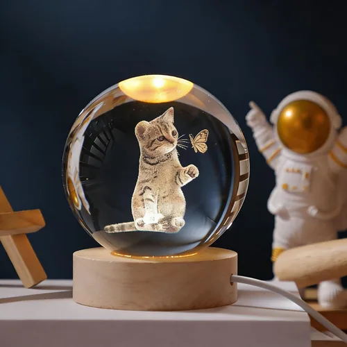 Miniatura 4 de Patrón grabado en 3D de gato y mariposa con base iluminada de madera, cable de alimentación USB con interruptor, decoración de luz nocturna, lámpara