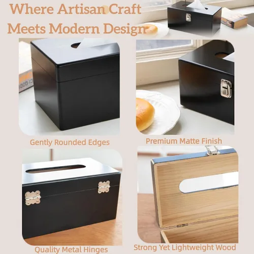 Miniatura 3 de Funda rectangular negra para caja de pañuelos con interruptor de metal, soporte rectangular para caja de pañuelos con tapa, accesorios de baño