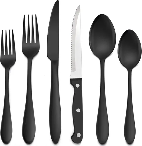 Miniatura 10 de LIANYU Juego de cubiertos de 24 piezas con cuchillos para carne, cubiertos de acero inoxidable para 4, tenedor, cuchara, cuchillo, utensilios