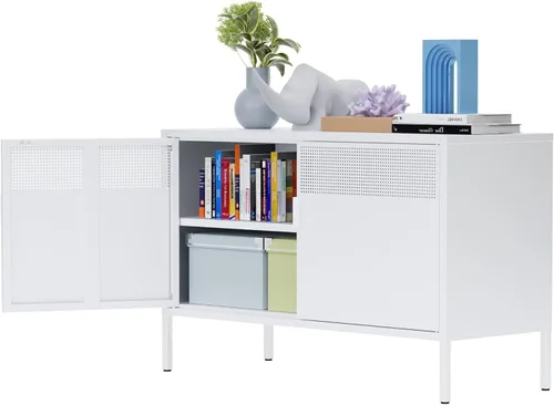 Miniatura 10 de Ustamio Gabinete de Almacenamiento de Metal Ancho Negro con Casillero, Gabinete de Acento de 2 Puertas para Hogar y Oficina, Gabinete de Metal Bajo
