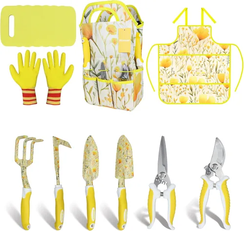 Miniatura 9 de Juego de 12 herramientas de jardín, herramientas de mano de aluminio resistentes con mango antideslizante de goma, delantal de jardín, guantes