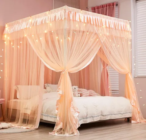 Miniatura 26 de Mengersi Cortina para Dosel de Cama Princesa, con 4 Esquinas, Dosel con Mosquitero para Cama de Princesa (Blanco, Doble)