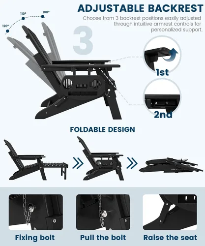 Miniatura 6 de FOOWIN Silla Adirondack plegable ajustable con otomana retráctil, silla Adirondack de polietileno de alta densidad con bandejas 4 en 1, resistente a