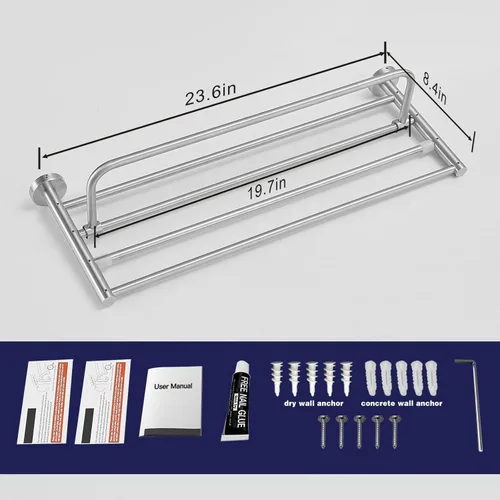 Miniatura 6 de VOLPONE Toallero de baño - Estante de toallas de acero inoxidable con barra de toalla de 24 pulgadas, organizador de almacenamiento de toallas Plata