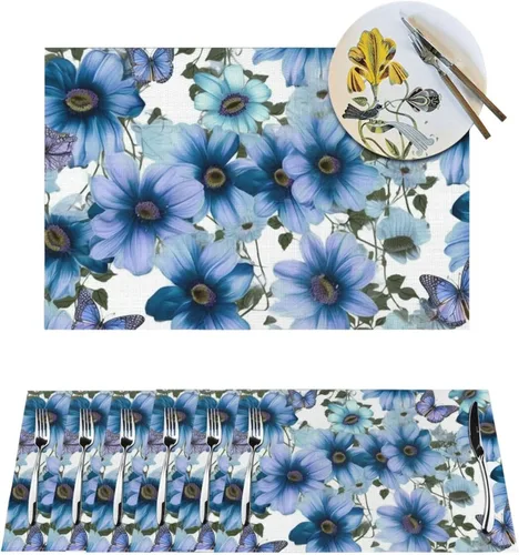 6 PCS PVC Placemats Set Place Mats Blooming Blue Daisy Non-Slip Weave Place Mats 12" x 18" Farmhouse Table Mat Set for Family Dinners Wedding Parties
