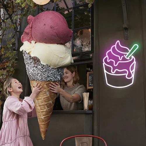 Miniatura 6 de Letrero de neón de helado rosa y blanco Sundae, luces LED de neón, letreros de cupcake de neón para decoración de pared de negocios, letreros LED