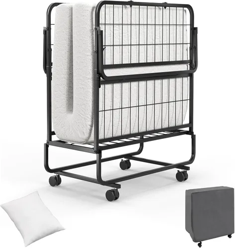 Miniatura 12 de GOFLAME Cama plegable con colchón de espuma viscoelástica, cama de invitados de tamaño individual con marco de metal resistente, cama plegable