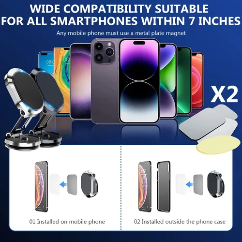 Miniatura 4 de Paquete de 2 soportes magnéticos plegables de aleación para teléfono celular, rotación de 360°, imán súper fuerte, soporte magnético para tablero