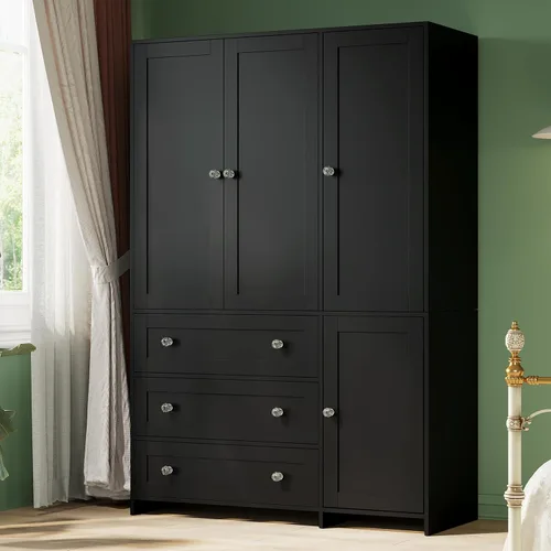 VOWNER Armario clóset con cajones y espejo, gabinete de almacenamiento de ropa de 71" con barra para colgar, armario de madera de 4 puertas para