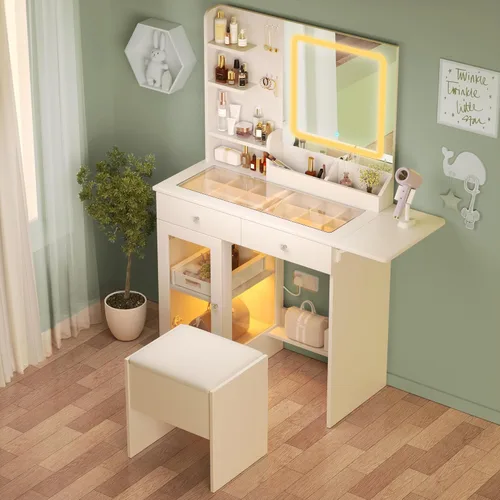 KDCAS Escritorio pequeño con espejo y luces, escritorio de maquillaje con parte superior de vidrio transparente y almacenamiento, tocador blanco con