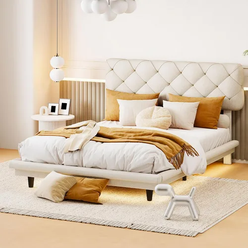 Miniatura 34 de Cama de plataforma flotante, marco de cama de madera tamaño individual con rayas claras, tela de lino suave y cabecera de diseño capitoné