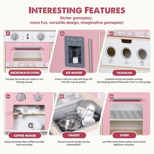 Miniatura 5 de EDUBEBO Juego de cocina para niños, cocina de juego de madera, altura ajustable, viene con varios accesorios de cocina, juguete de juego de rol Rosa