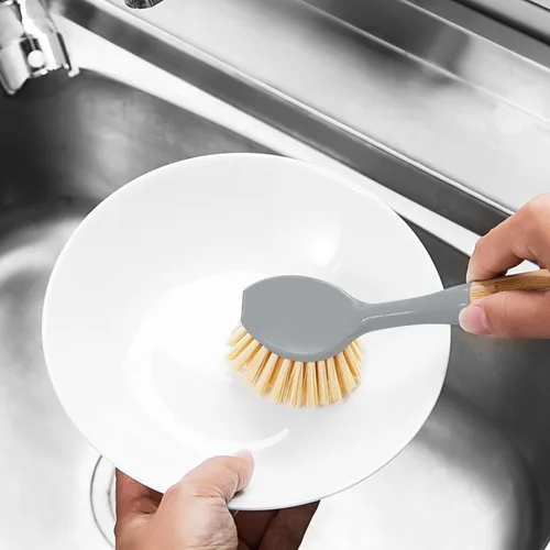 Miniatura 2 de Paquete de 2 cepillos para platos con mango de bambú, raspador integrado para platos, cepillo para sartenes, ollas, limpieza de mostrador
