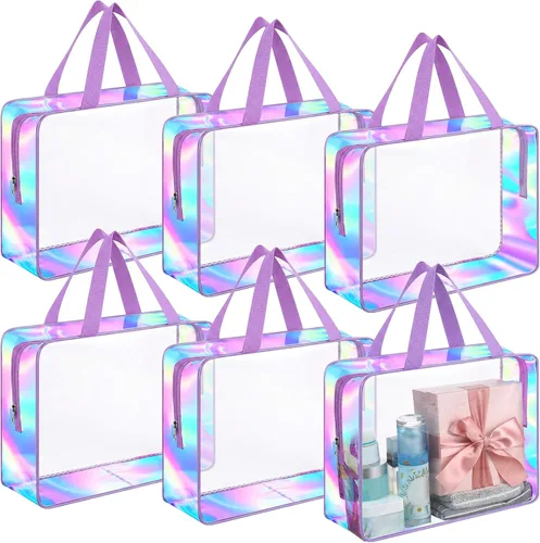 Miniatura 14 de Sweetude Bolsa de aseo transparente grande con asa, bolsa de maquillaje de playa iridiscente de gran capacidad, bolsa de maquillaje de PVC Azul