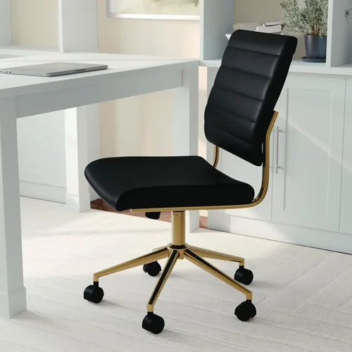 Miniatura 7 de Martha Stewart Ivy - Silla giratoria sin brazos para oficina en casa en piel sintética negra con marco de latón pulido