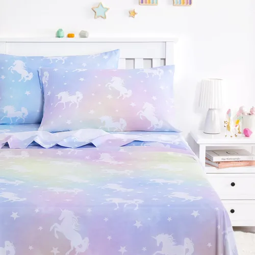 Wake In Cloud - Sábanas de unicornio para niñas, juego de sábanas de 4 piezas para niños, colorido patrón de unicornios arco iris, estrellas
