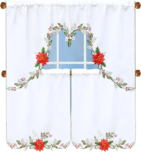 Miniatura 10 de Juego de cortinas bordadas de bastón de caramelo para ventana de cocina con cenefa y niveles para las fiestas navideñas (Bastón de caramelo)