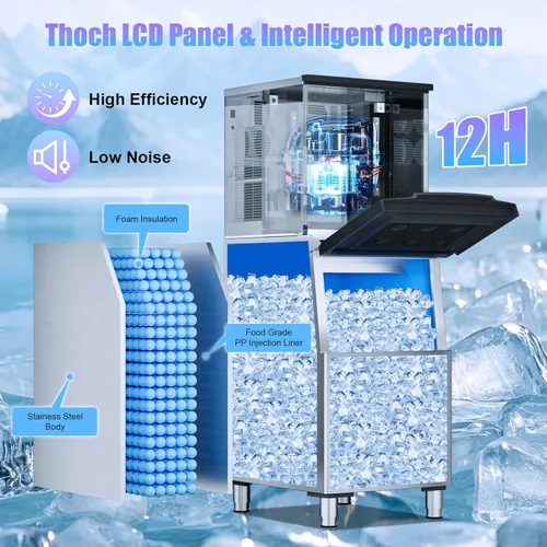 Miniatura 4 de Máquina comercial para hacer hielo 480LBS/24H, contenedor de almacenamiento de 360 libras, listo para hielo en 8-15 minutos, modo de autolimpieza