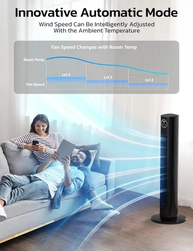 Miniatura 6 de ZAFRO Ventilador de torre para dormitorio, ventilador oscilante de 90° con 4 modos, 3 velocidades, velocidad de 25 pies/s, temporizador de 12 horas