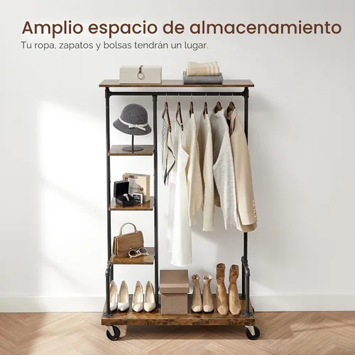 Miniatura 3 de VASAGLE UHSR66BX - Perchero para ropa con ruedas, organizador de ropa portátil con 5 niveles, estilo de tubería industrial, marrón rústico
