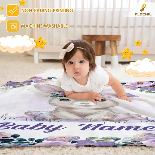 Miniatura 5 de FLOCHIL Manta de bebé personalizada para niñas, manta de bebé personalizada con nombre, manta de bebé de conejo personalizada, regalo para baby