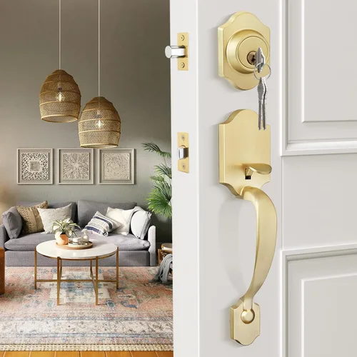 Miniatura 2 de Haidms Juego de manijas y cerrojos dorados para puerta delantera, cerradura de puerta delantera, cerraduras doradas para puerta de entrada