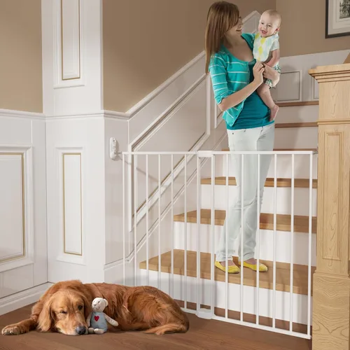 Miniatura 8 de Puerta abatible ajustable de seguridad para bebés, puerta de metal montada en hardware para escaleras y puertas, pestillo seguro para niños y Negro