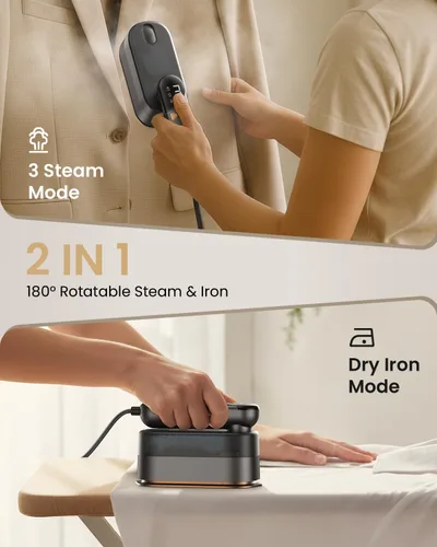 Miniatura 4 de LOXP Plancha de vapor de mano 2 en 1 para ropa, vaporizador de viaje de 1000 W con suela de cerámica, calentamiento rápido 9s, tanque a prueba