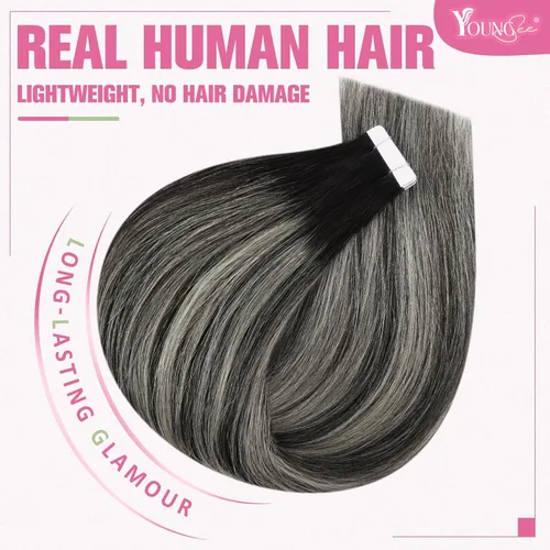 Miniatura 2 de YoungSee - Extensiones de cabello humano con cinta adhesiva, color negro ombre, extensiones de cabello humano real, cinta adhesiva invisible