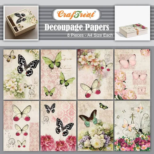 CrafTreat Papel de decoupage floral para muebles - Flores decorativas 2 - Tamaño: A4 (8,3 x 11,7 pulgadas) 8 piezas