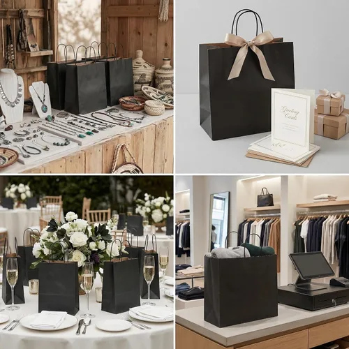 Miniatura 5 de PAICUIKE 100 bolsas grandes de papel negro con asas, bolsas de compras a granel de 13 x 7 x 13 pulgadas para pequeñas empresas, regalo para el día