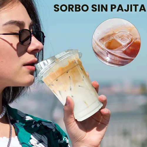 Miniatura 4 de BYSNOW Paquete de 100 vasos de plástico transparente de 16 onzas con tapas, tazas desechables para café helado con tapas para sorber, vasos