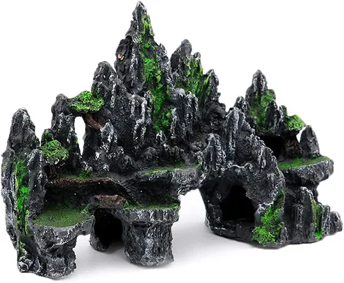 PakyKai Adornos Grandes para Acuario de Peces, Ornamento de Acuario con Vista a la Montaña con Casa en el Árbol, Cueva, Puente y Plantas