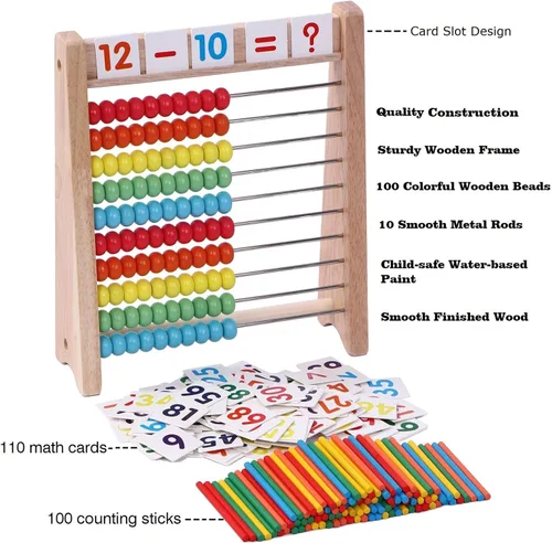 Miniatura 3 de Ábaco de madera para niños – 100 palos de conteo y tarjetas de juguetes de números del 1 al 100, juegos educativos de matemáticas para preescolar