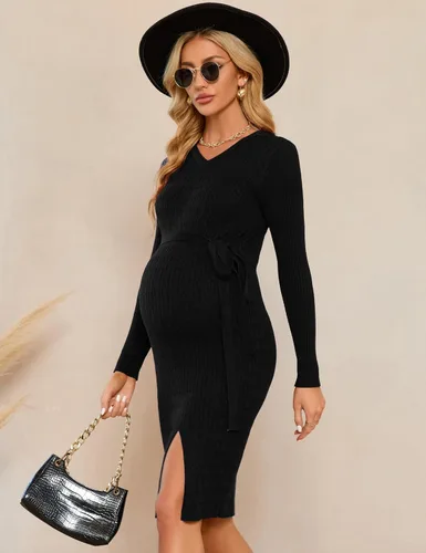 Miniatura 5 de KOJOOIN Suéter de punto trenzado de maternidad de manga larga, vestido ajustado con cuello en V, para otoño, casual, con abertura, vestido midi
