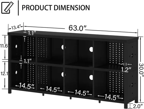 Miniatura 2 de LVB Estantería Horizontal Negra, Organizador de Almacenamiento Moderno en Cubos Estantería, Estante Industrial Ancho Largo de Madera Metal